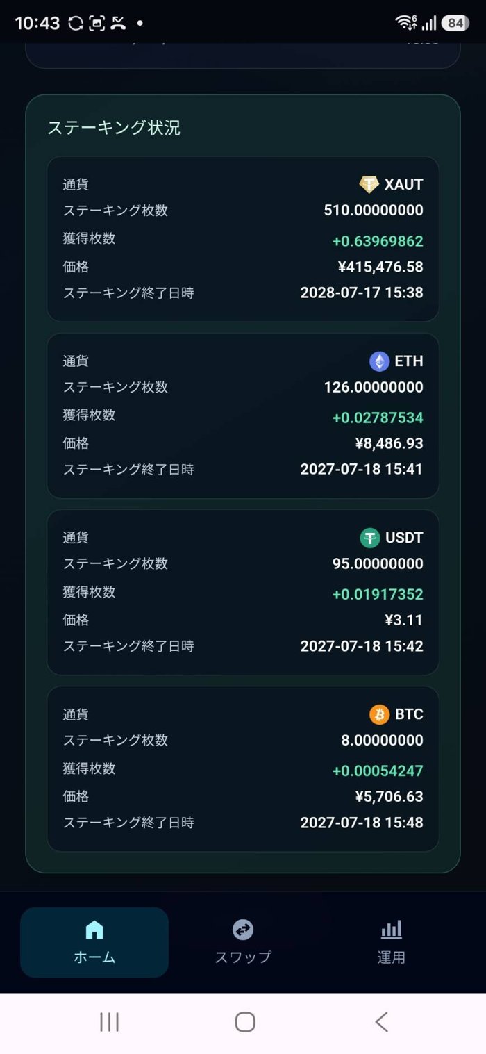 AmirWalletアプリのステーキング状況画面